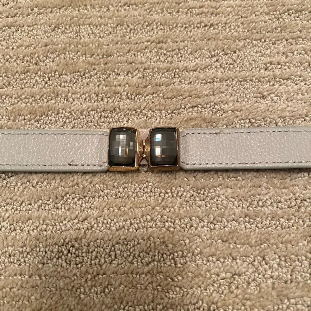 Elise M. Cream Leather Elastic Belt with Gold Gem Buckle